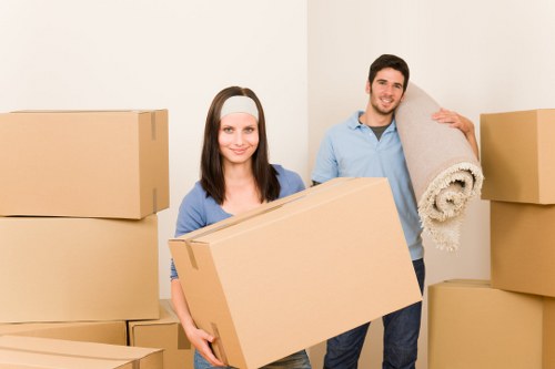 Packed boxes and furniture being loaded into a removal van
