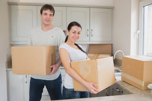 Moving truck and equipment prepared for a residential relocation in Acton